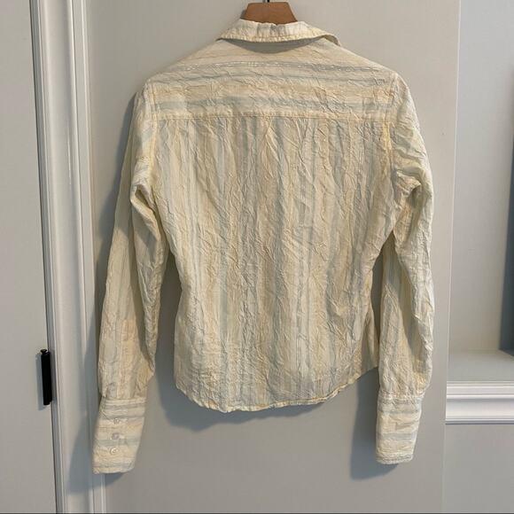 Johnny Cotton Pastel Yellow Blue Metallic Stripe Button Front Top Blouse 2 - Picture 10 of 14